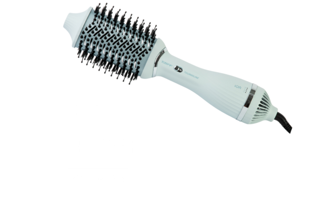 White hairbrush with bristle head on a white background
